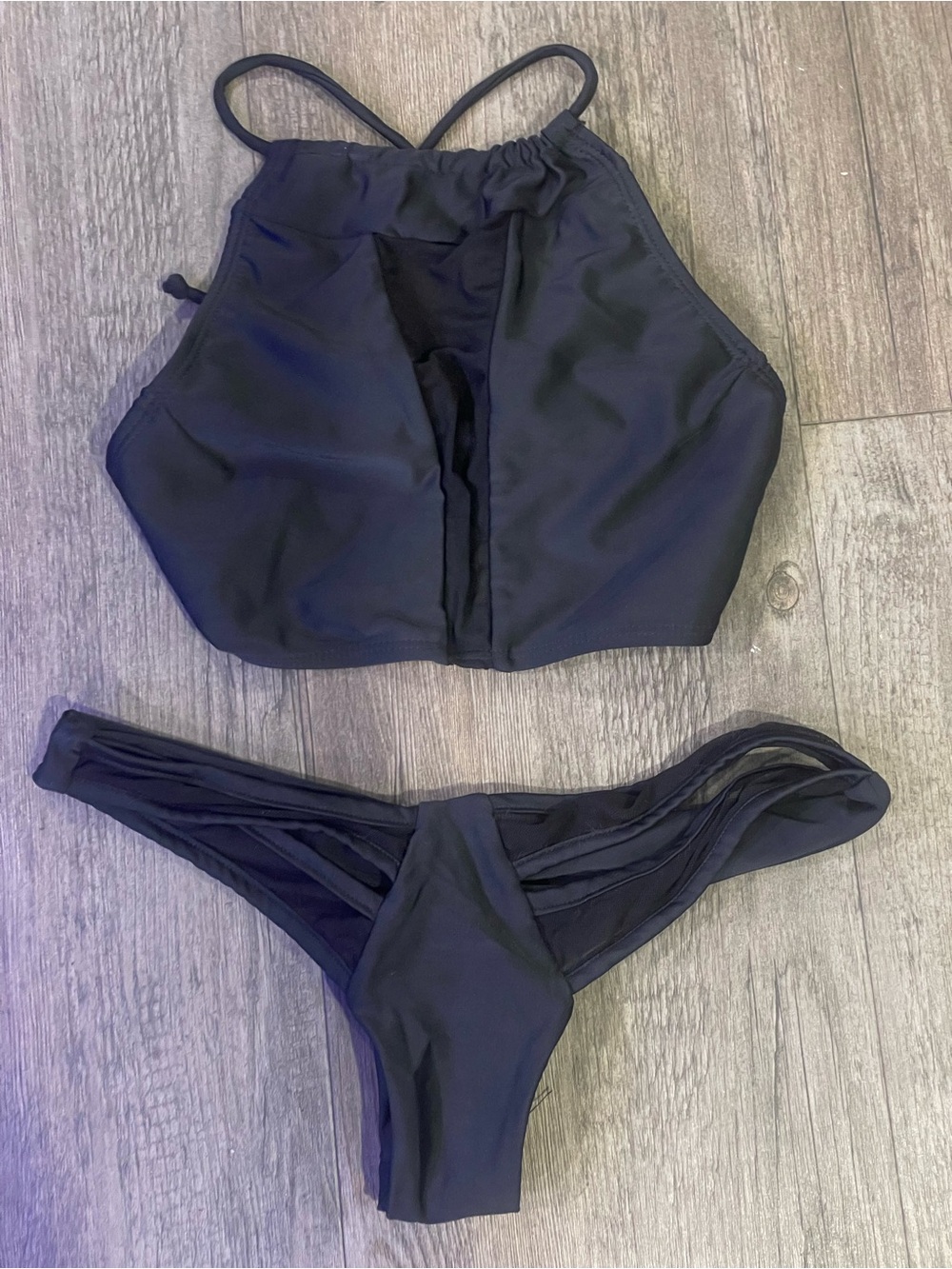 MegLiz Swim Small Black Strappy Mesh Two-Piece Thong Halter Bikini Set